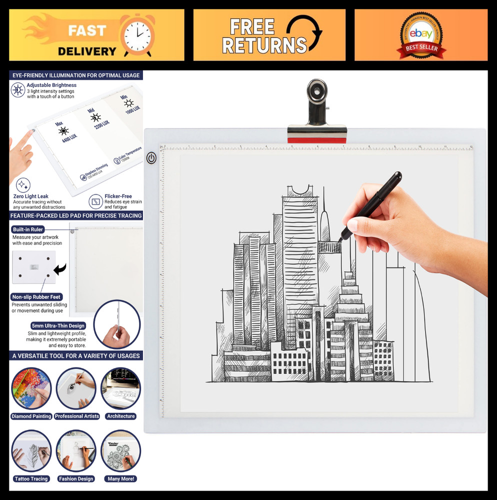 Ultra-Thin LED Tracing Light Pad, Adjustable Brightness, USB Cable & Clip, Porta