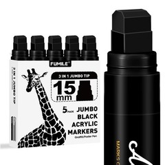 FUMILE 5 Pcs Black Jumbo Poster Marker,15mm Wide 1 Count (Pack of 5),