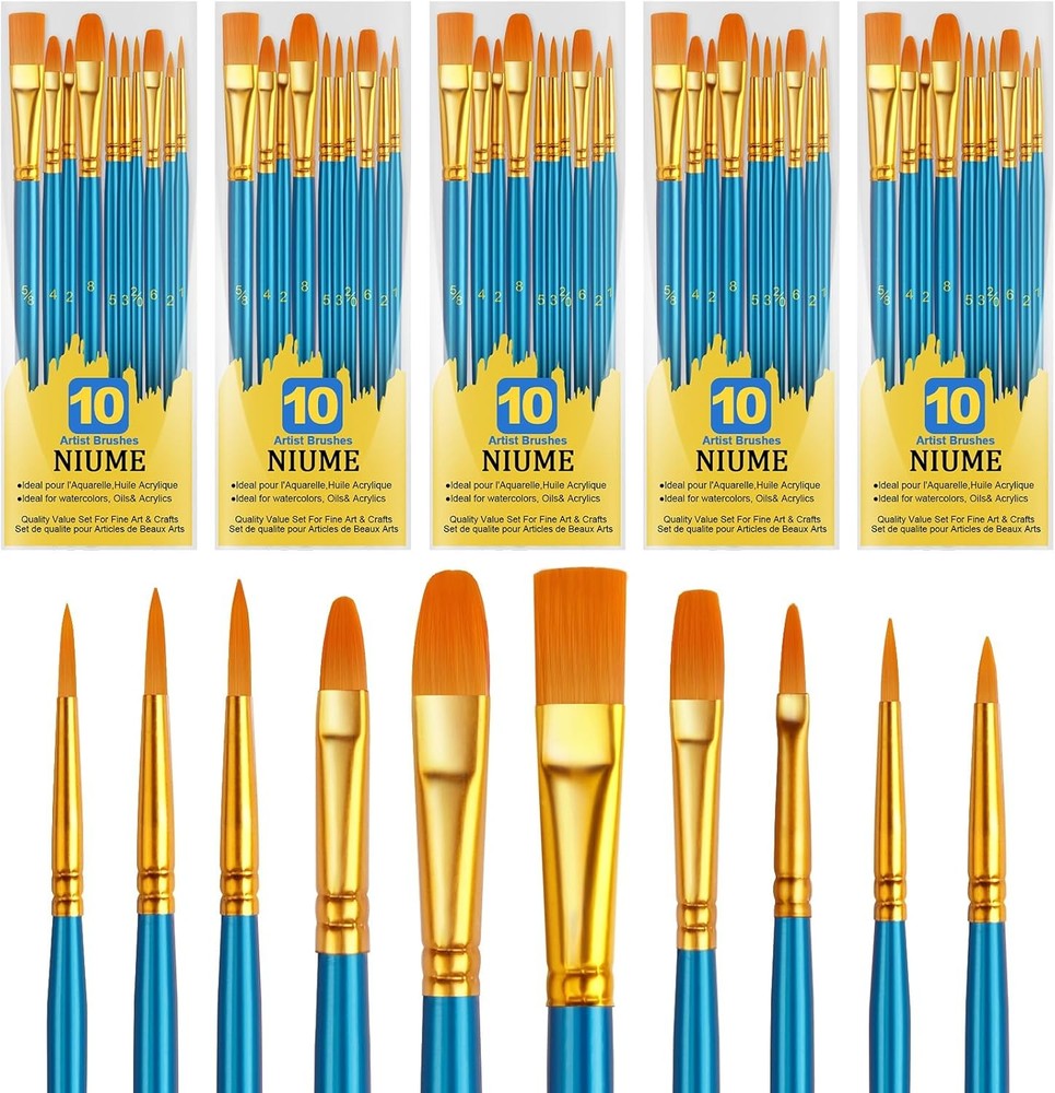 Acrylic Paint Brushes Set, 50Pcs Round Pointed Tip Artist 5 Pack, Blue
