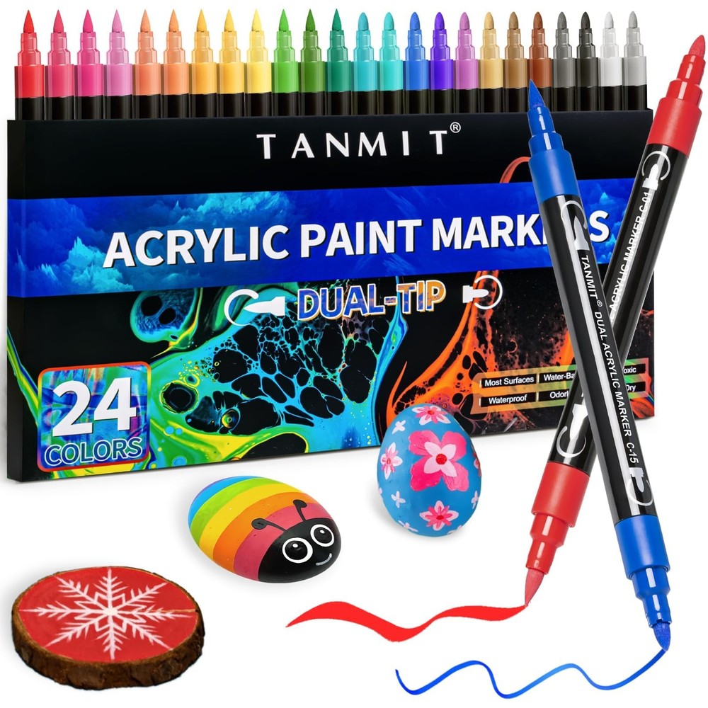 24 Colors Acrylic Paint Pens, Dual Tip 1 Count (Pack of 24), Multicolor