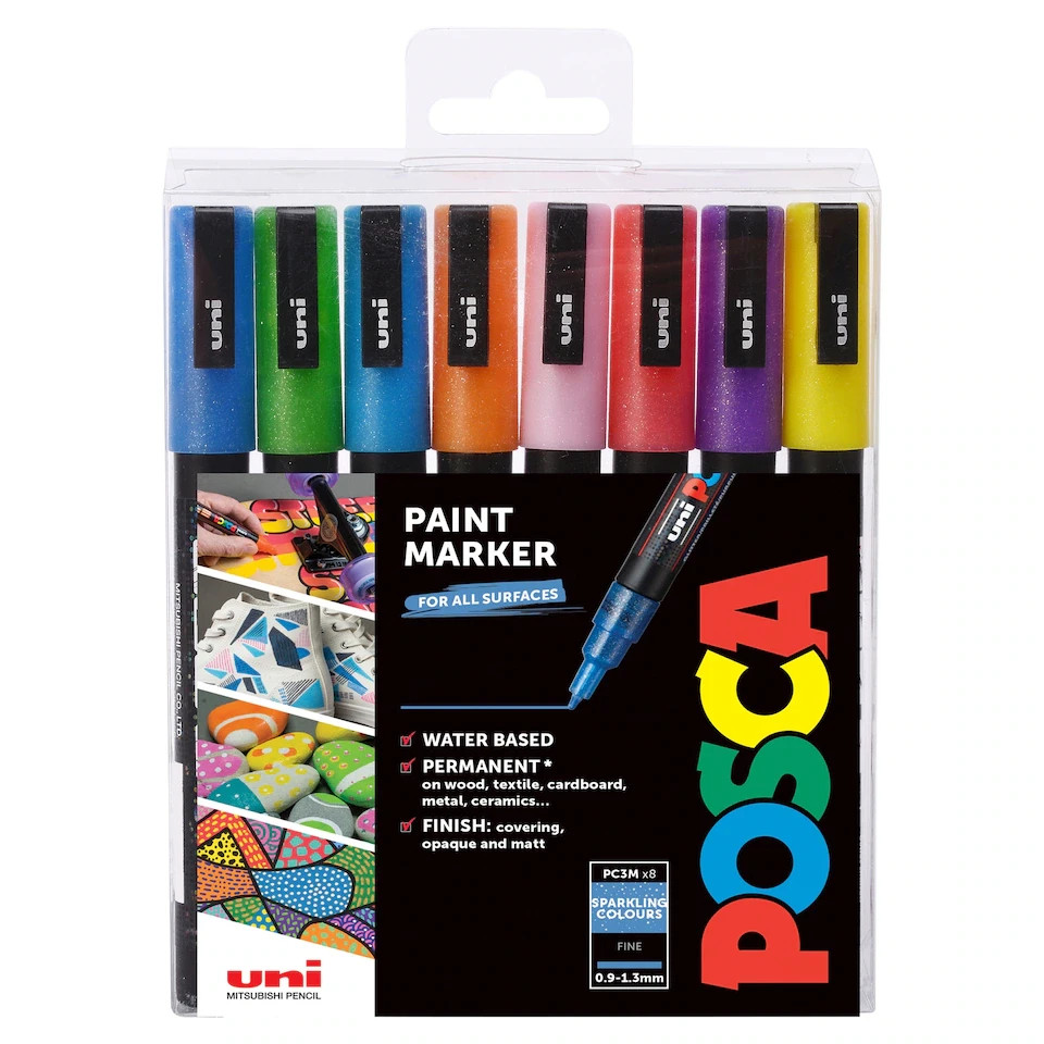 Uni-ball Posca PC-3M Sparkle Paint Marker Set 8 Colours Acrylic Paint Pens Arts