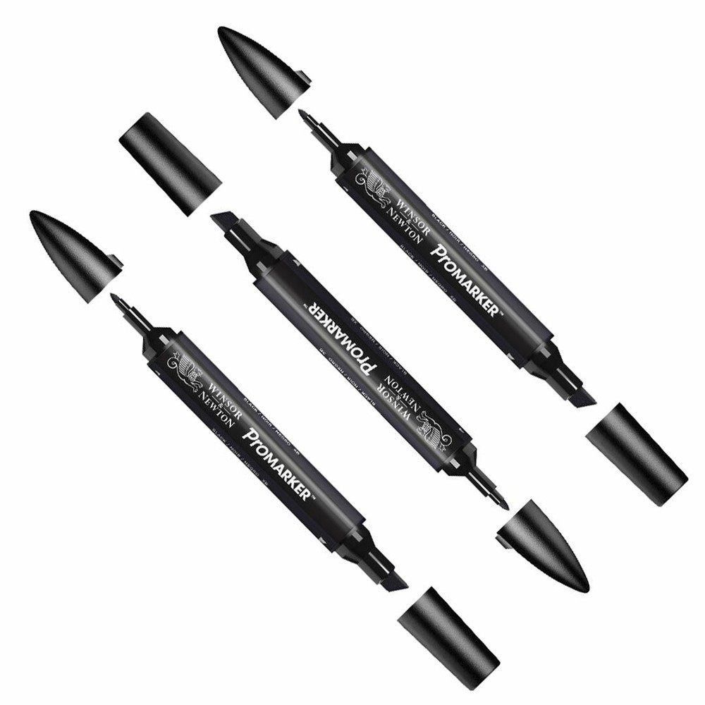 Winsor & Newton Promarker Twin-Tip Alcohol Marker Pen Custom Bundle of 3 x Black