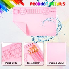 Silicone Painting Mat Set 23.6×15.75 Inch Brush Cleaner 10 Brushes Pink DIY