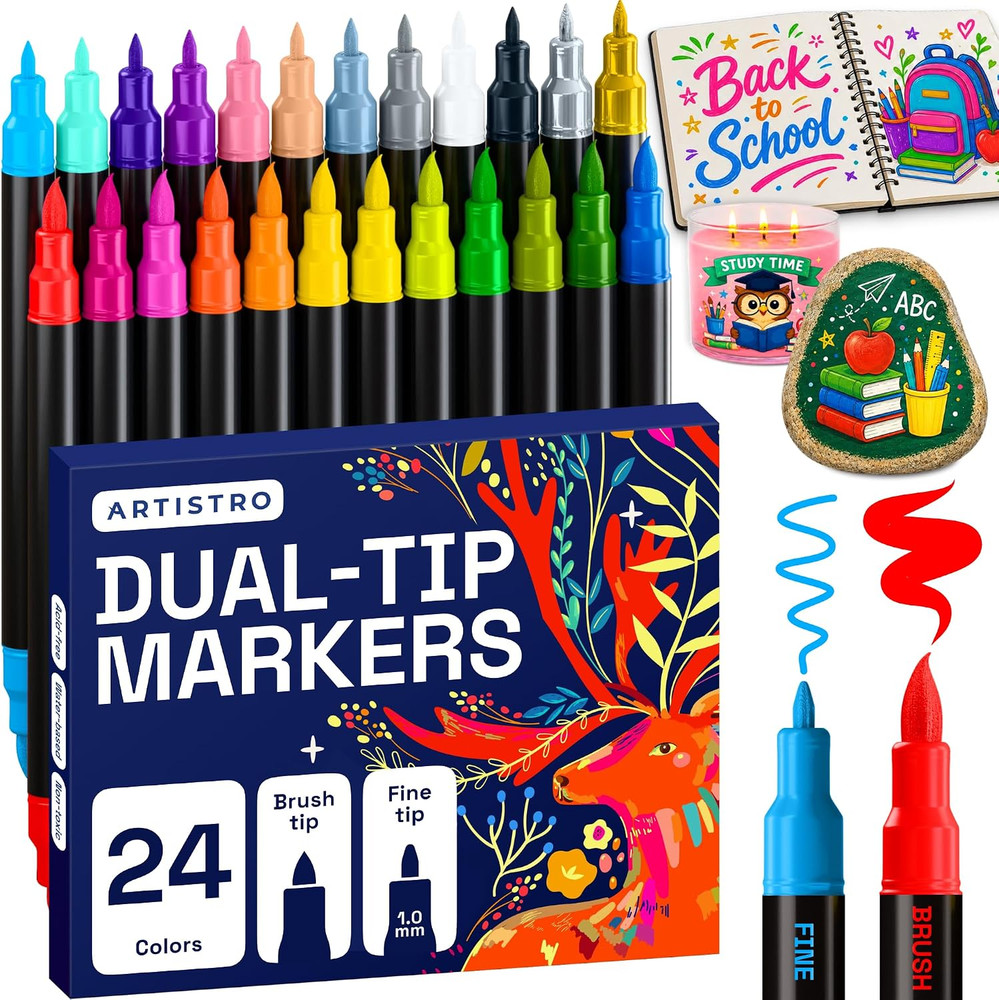 Acrylic Paint Markers 24 Pcs Brush Fine Dual Tip for Rock Glass Fabric Wood Art
