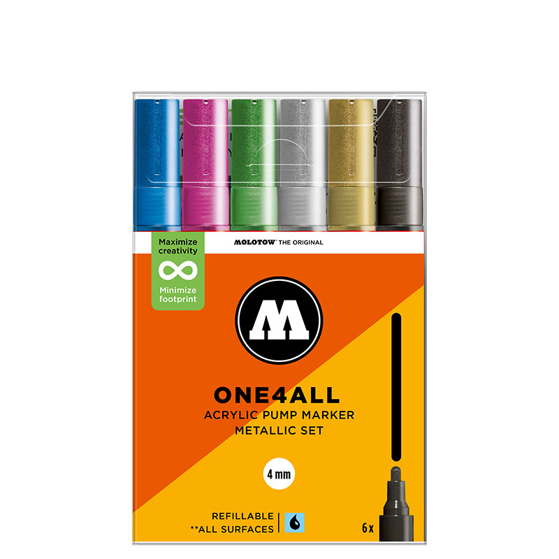 Molotow 227HS Metallic Set – 6 x Acrylic Paint Marker Pump Pens – 4mm Tip