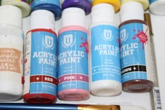 Acrylic Paint Lot 50+ Bottles 2-8 fl oz each Variety Multicolor + 12 Brushes HTF