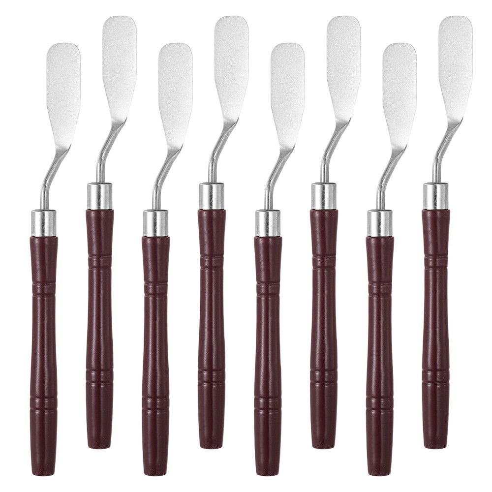 6.65″ 8 Pcs Stainless Steel Palette Knife Round Plastic Handle Flat, Dark Red