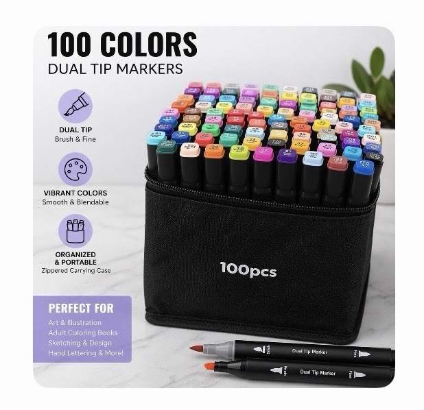 100 Colors Dual Tip Brush & Fine Markers Art Set with Carrying Case