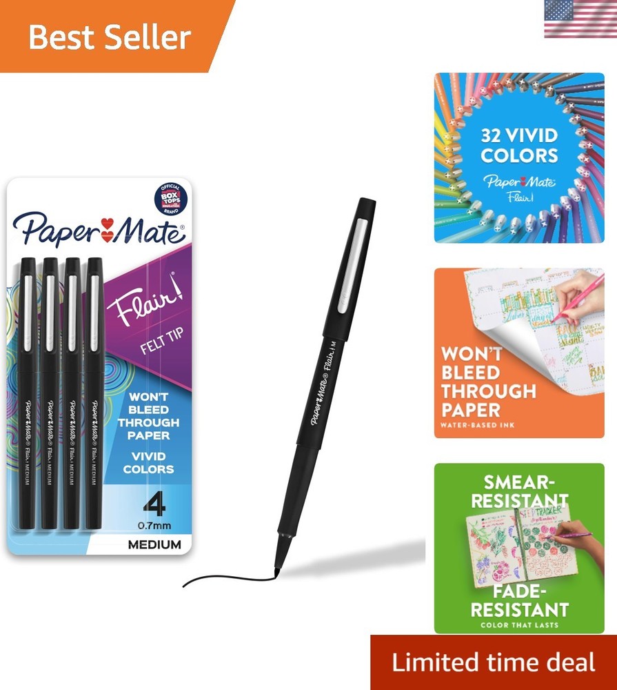 Bold Black Flair Felt Tip Pens – 0.7mm Medium Point, 4 Count, Fade Resistant