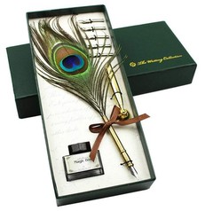 Vintage Peacock Feather Pen Set Antique Calligraphy Writing Quill Ink Dip Pen