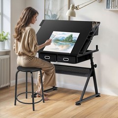 Adjustable Height Drafting Drawing Table Tiltable Tabletop Edge Stopper Black