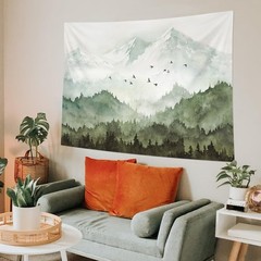 kampdream Mountain Forest Tapestry, Misty Foggy Sage Green Tree Landscape Wat…