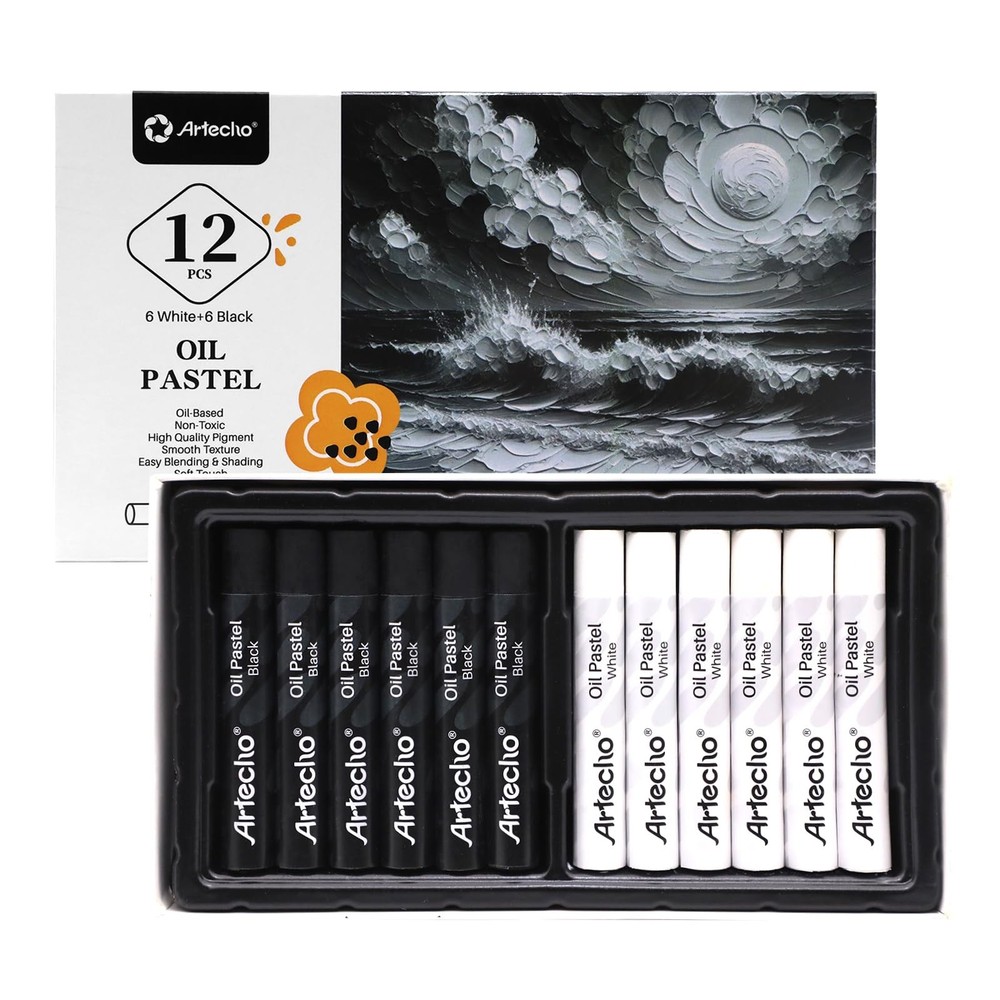 Oil Pastels Set of 12 PCS, 6 White and 6 Black, Crayons for Art Painting, Dra…