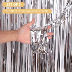 5 Pack Silver Fringe Backdrop 3.2ft x 8.2ft Silver Foil Fringe Curtains Party…