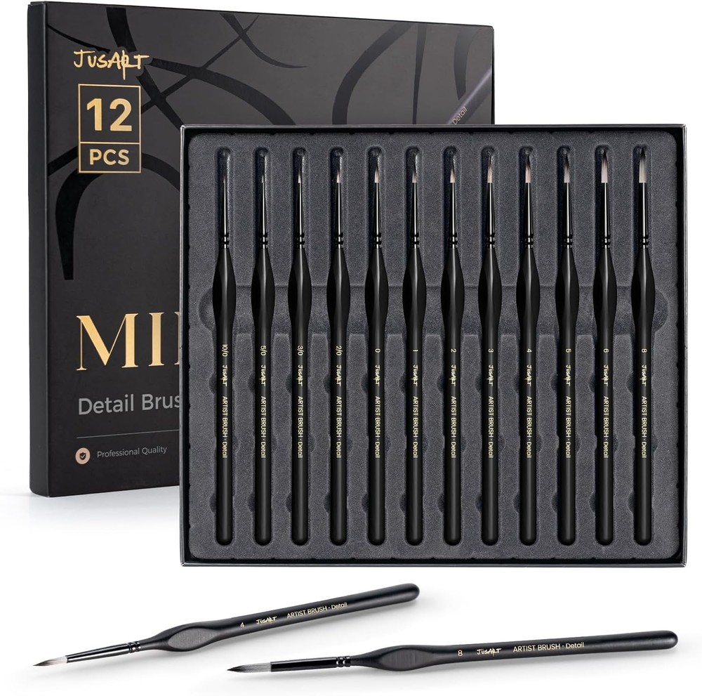 JUSART Detail Paint Brushes Set, 12 PCS Fine Tip Model Miniature Paint Brushes f