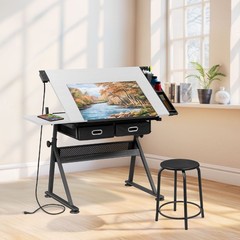 Drafting Table with Wooden Tabletop and Steel Frame Adjustable Height White