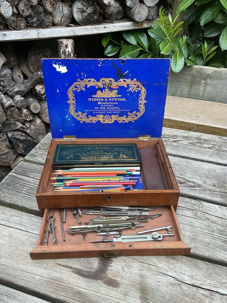 Antique Winsor & Newton Mahogany Artists Box – Pencils Pastels & Drawing Tools