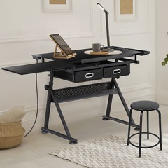 Adjustable Drafting Table Tilting Drawing Desk w/Charging Station & Stool Black