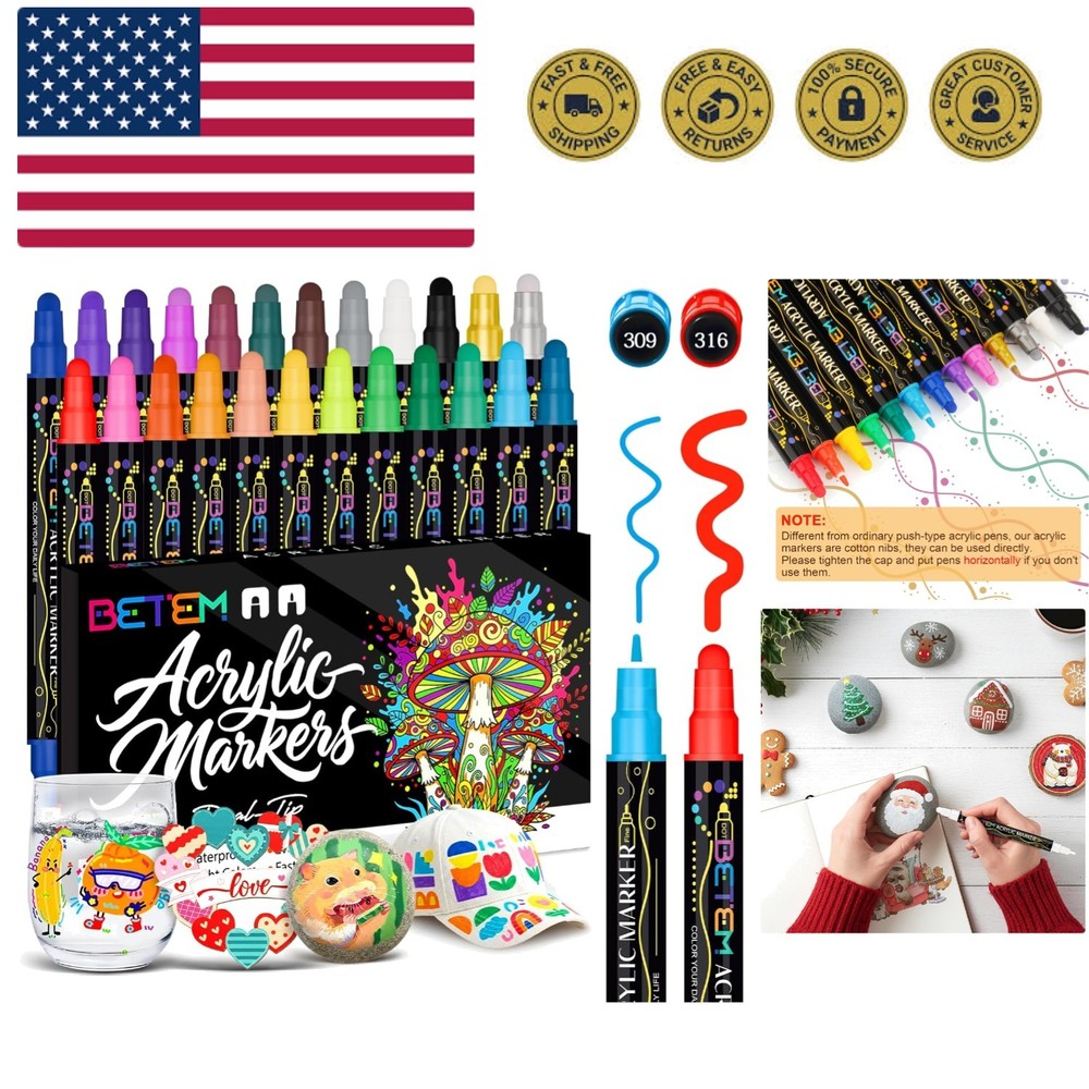 24 Colors Dual Tip Acrylic Paint Pens Markers, Water-Based Acrylic Paint Mar…