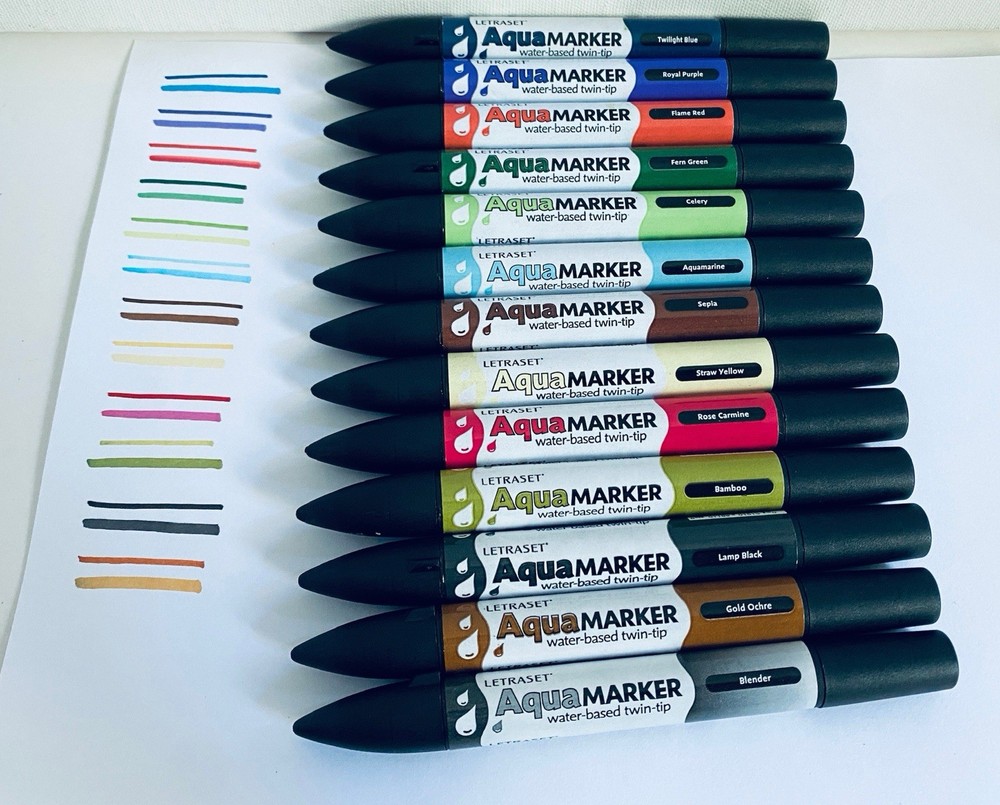 Letraset Aquamarker 12 Pens + Blender Twin Tip Water Based Aqua Marker Set