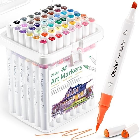 Ohuhu 48 Colors Dual Tips Alcohol Art Markers Brush and 1 Gun Shape Gel Pen Free