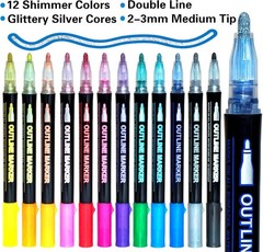 Glitter Markers Self Outline Pens Metallic: 12 Shimmer Tween Teen Girl Gifts Tre