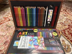 142 Pc Art Set With Colored Pencils, Crayons, Pastels, Watercolors In Wood Carry