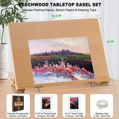 Portable Adjustable Beechwood Tabletop Easel with Paint & Sketch Papers, Masking