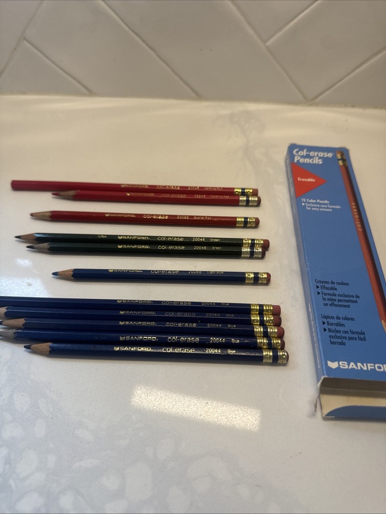 11 Vtg 1997 Col-Erase Colored Pencils BLUE LIGHT BLUE GREEN CARMINE SCARLET RED