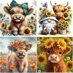Diamond Art Kits for Adults, 4 Packs Highland Cow & Flowers Diamond Art Painti.