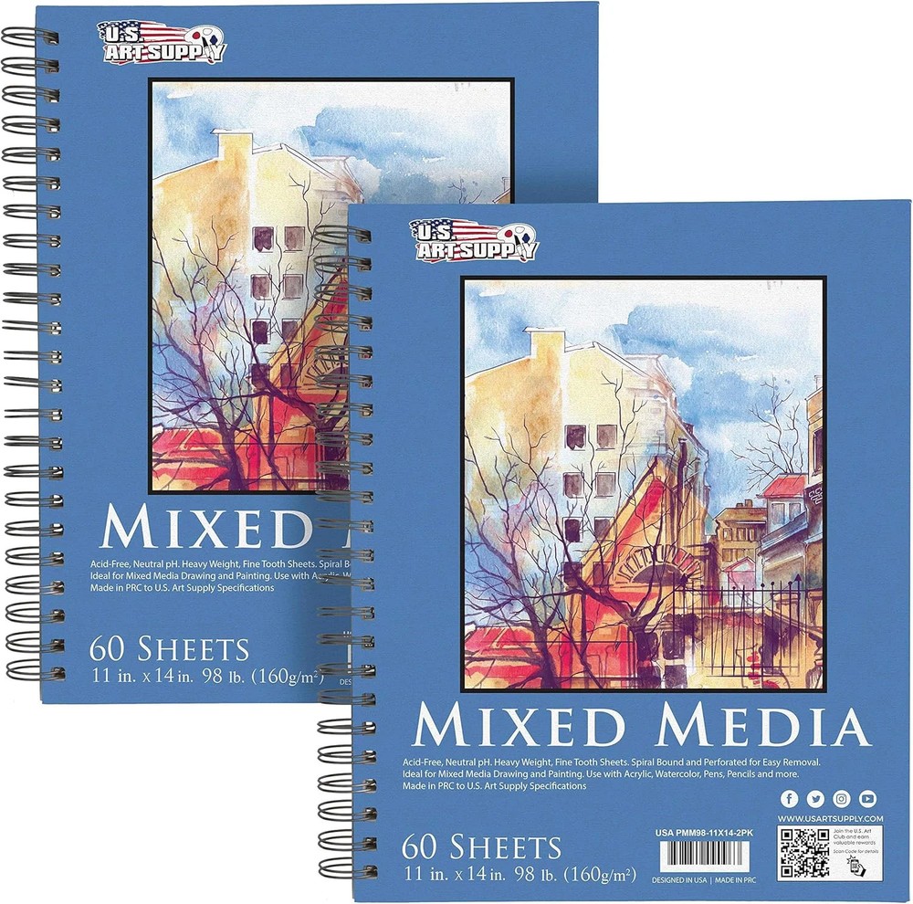 U.S. Art Supply 11″x14″ Mixed Media Sketchbook, 2 Pack (60 Sheets), 98 lb (160 G