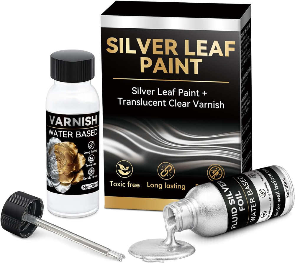 Liquid Silver Leaf Paint Kit, Water-Based Metallic Silver Acrylic Paint with Glo