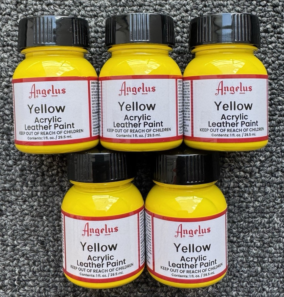 LOT OF 5 ANGELUS BRAND YELLOW ACRYLIC LEATHER WATER PROOF PAINT 1 OZ. SIZE