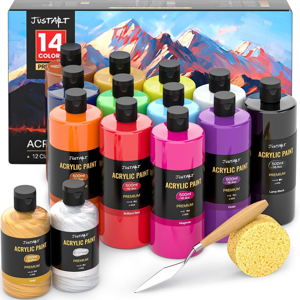 14 Colors Acrylic Paint Bottle Set 500ml/16.9oz (2pcs 8.45oz Metallic Paints)…