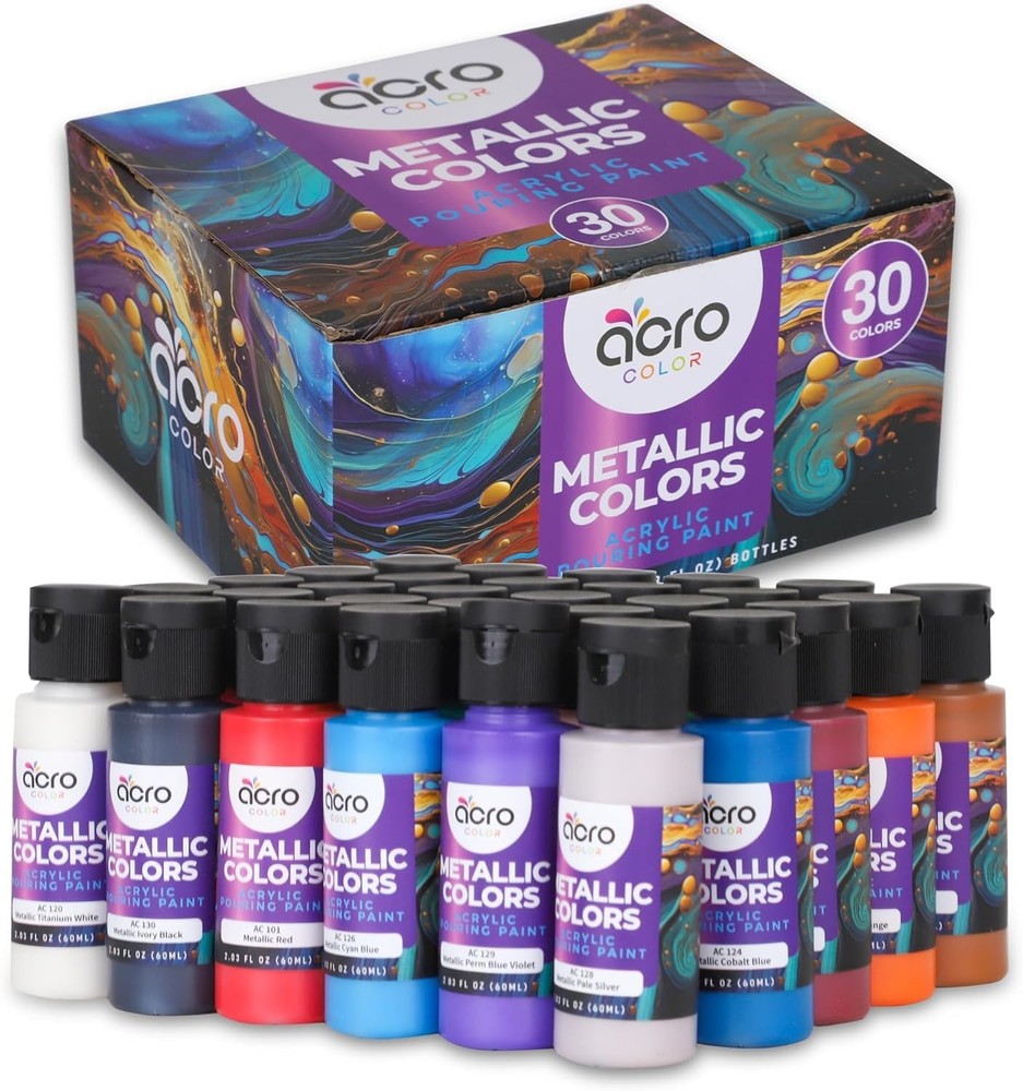 Metallic Acrylic Pouring Paint Set – Set of 30 Metallic Colors – Pre-Mixed Hi…
