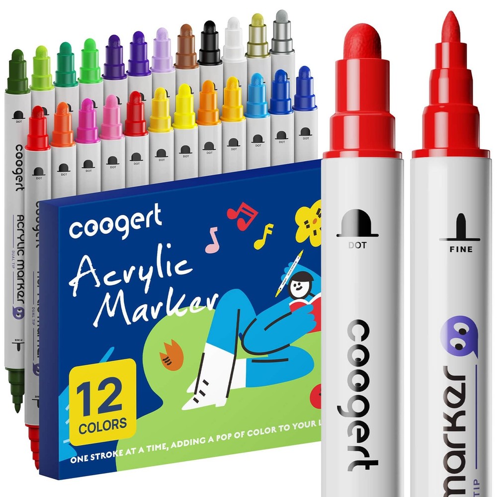 12 Colors Dual Tip Acrylic Paint Markers,Fine Tip and Dot Tip Acrylic Paint P…