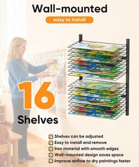 mocomax Wall Mount Art Drying Rack, 16 Removable Shelves Metal Paint Drying R