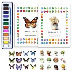 Watercolor Workbook 2 Pcs with Paint Brush 12 Patterns DIY Butterfly Succulent