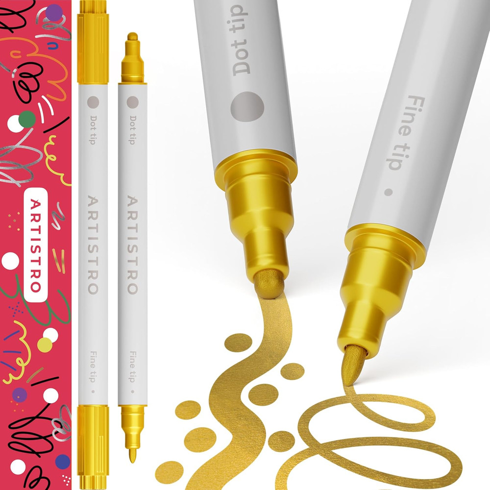 2 Gold Dual-Tip Acrylic Paint Pens – Multisurface Markers for Glass, Rock, Fabri