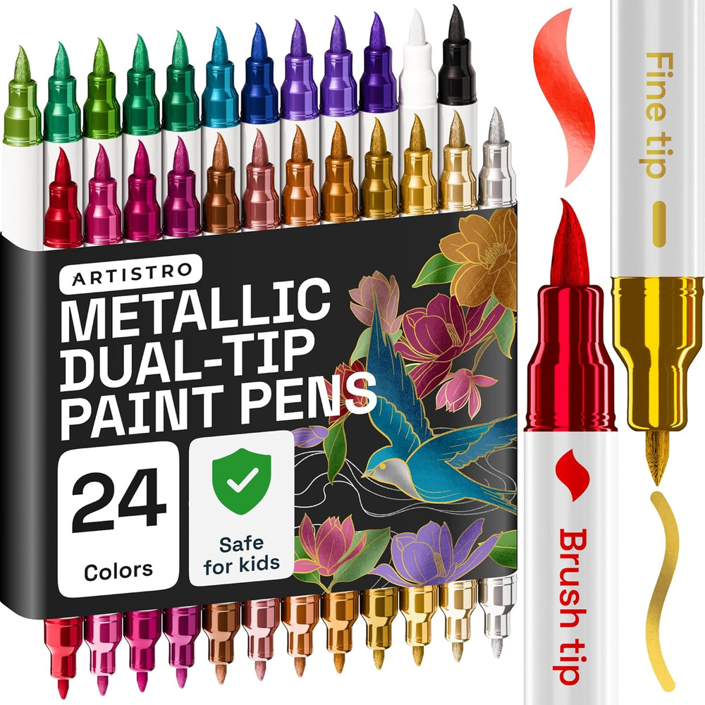 24 Metallic Acrylic Paint Markers – Paint Pens Dual Tip Brush + Fine Ideal for C