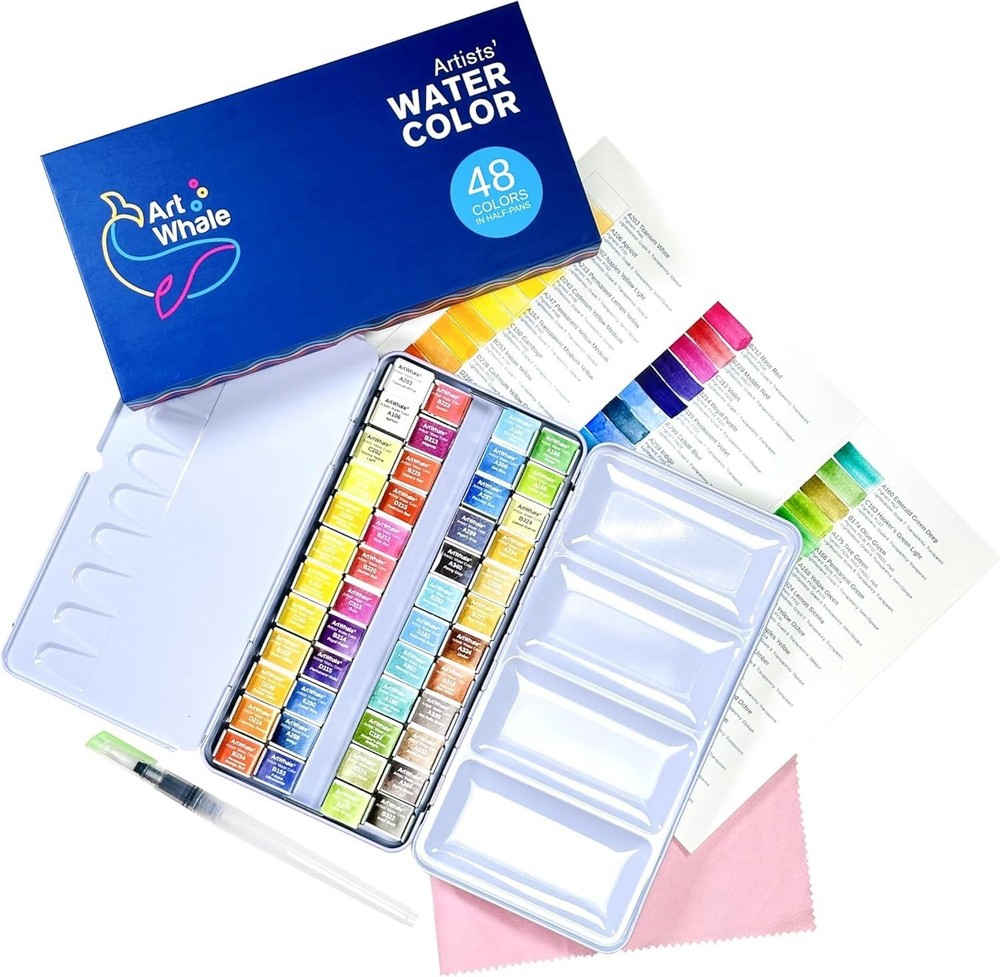 Watercolor Paint Set 48 Colors Half-Pans in Tin Box with Water Brush, Pro-Gra…