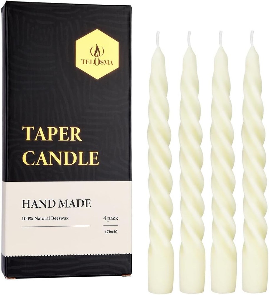 Beeswax Taper Candles Set of 4,Spiral Candle Dripless 7 inch, Off-White