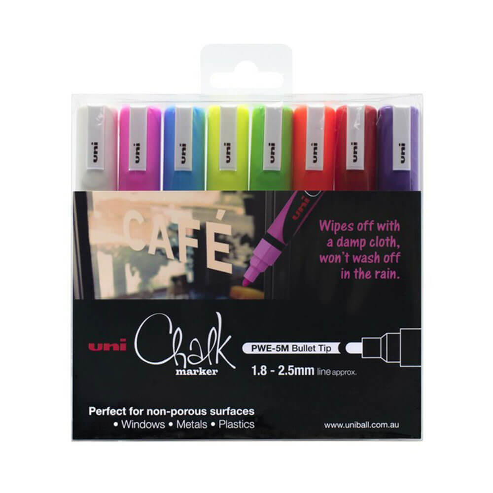 Uni Chalk Marker 1.8×2.5mm Bullet Tip Water Based Formula Vibrant Assorted
