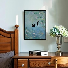Fantasy Artists Monet Water Lilies Cat Wall Art, Framed Vintage Canvas Art Wa…