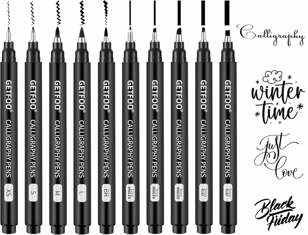 GETFOO Calligraphy Pen Set – 10 Size Hand Lettering Pens for Beginners, Black