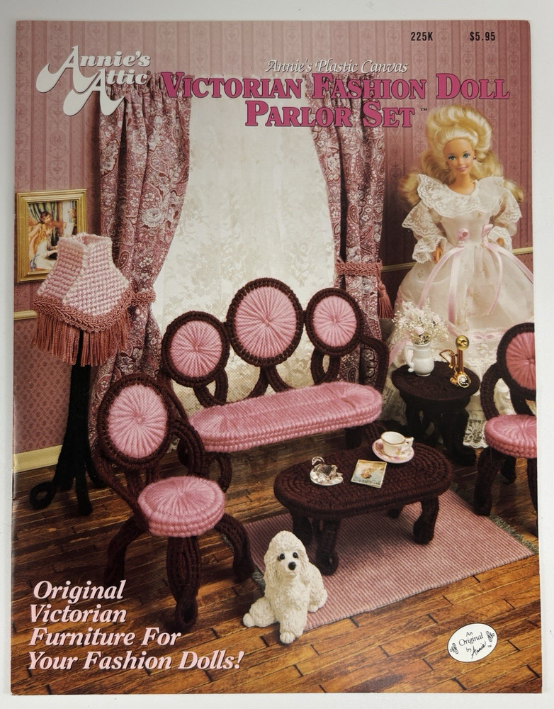 Vtg Annie’s Attic Fashion Doll Barbie Sz Plastic Canvas Parlor Set Patterns 225K