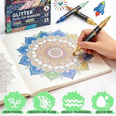 48 Colors Glitter Brush Markers Set, Dual Tip Metallic Shimmer Pens with Soft…