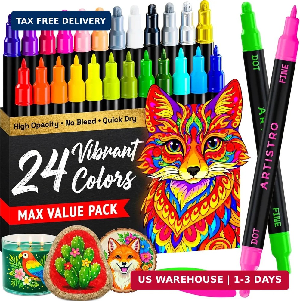 24 Precision Dual-Tip Acrylic Paint Markers – Paint Pens Set with Dot & Fine Tip