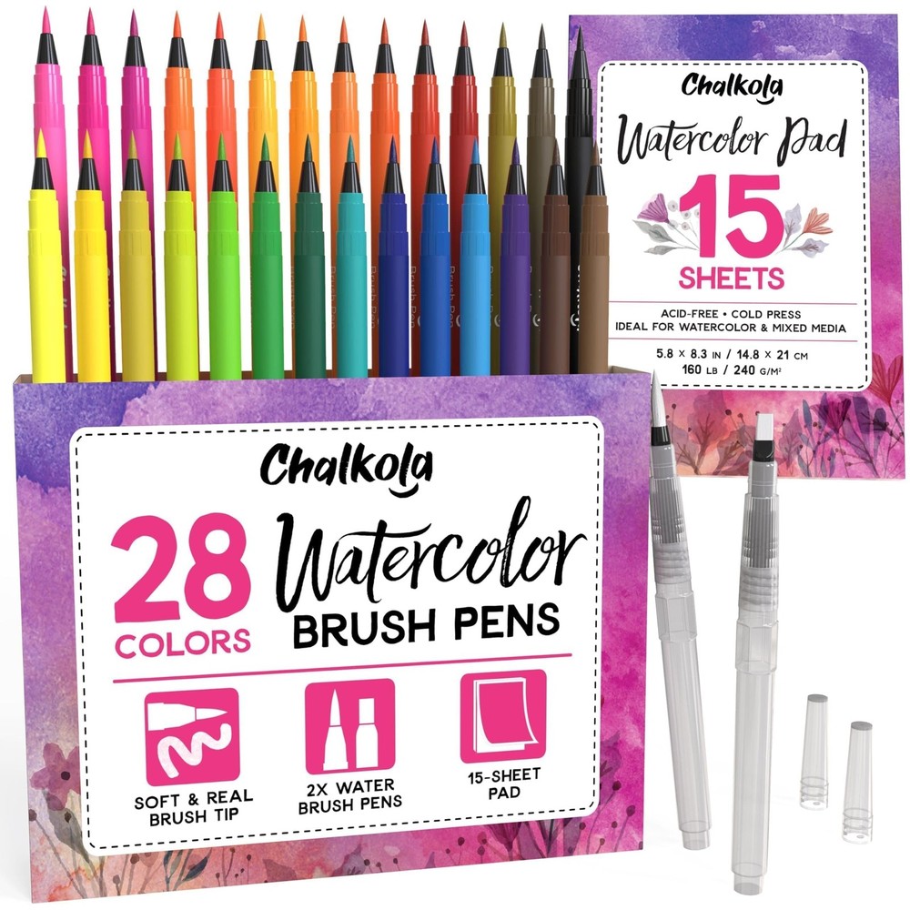 Watercolor Brush Pens for Lettering, Coloring, Calligraphy – Set of 28 Waterc…