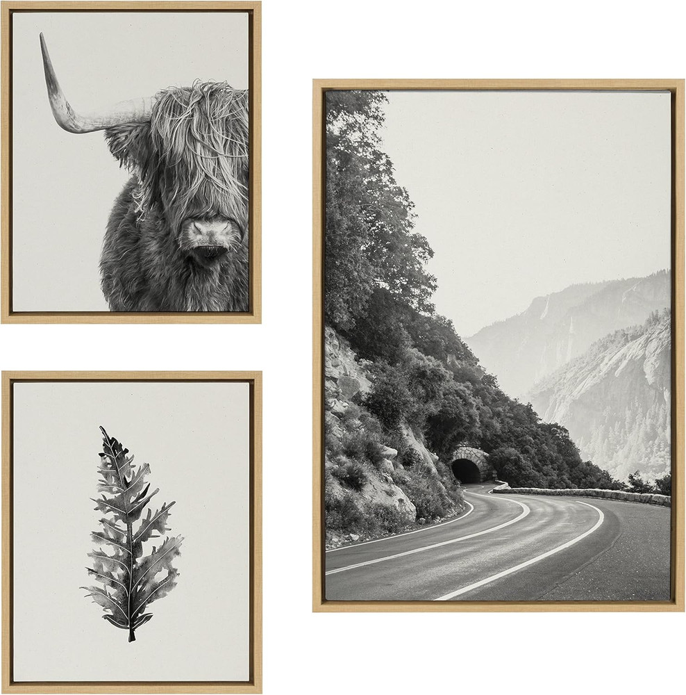 Sylvie Highland Cow, Wandering and Vintage Botanical Black and White Framed Line